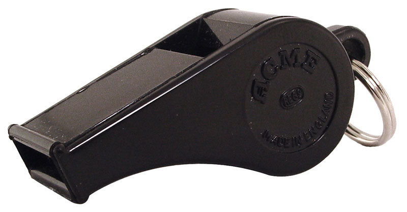 Black Acme Thunderer 660 whistle with metal body and ergonomic design, ideal for sports and safety signaling.