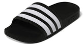 Black and white Adidas Adilette Aqua Slides with sporty design, perfect for casual wear and water activities.