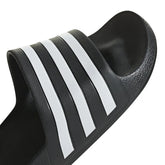 Black Adidas Adilette Aqua Slides with sporty design, perfect for casual wear and water activities.