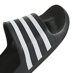 Black Adidas Adilette Aqua Slides with sporty design, perfect for casual wear and water activities.
