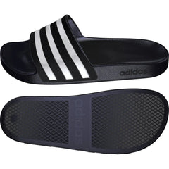 Black Adidas Adilette Aqua Slides on a white background, showcasing the casual slide sandal with sporty design.
