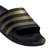 Black and gold Adidas Adilette Aqua Slides with sporty design, featuring open-toe slides with adjustable strap and textured sole.