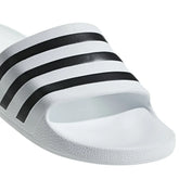 White Adidas Adilette Aqua Slides for sports and casual wear, featuring comfortable slip-on design and sporty branding.