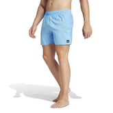 Adidas men's solid CLX swim shorts in blue burst and black, featuring a classic length and comfortable fit.
