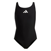 Black Adidas girls' solid small logo swimsuit for ages 9-10, featuring a sleek design and comfortable fit.