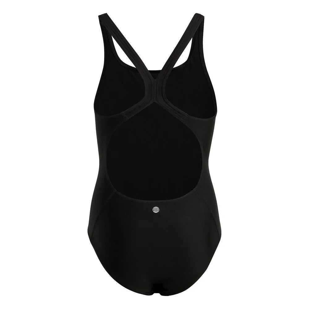 Black Adidas girls' solid small logo swimsuit for ages 9-10, featuring a sleek design and comfortable fit.