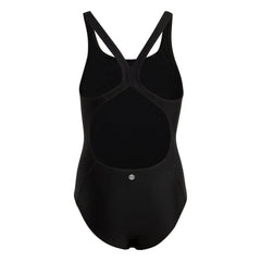 Black Adidas girls' solid small logo swimsuit for ages 9-10, featuring a sleek design and comfortable fit.