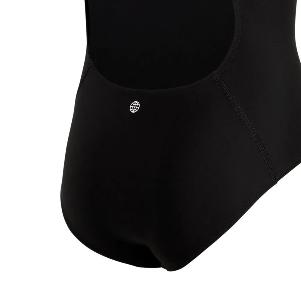 Black Adidas girls' solid logo swimsuit, suitable for ages 9-10, featuring a sleek design and comfortable fit for swimming.