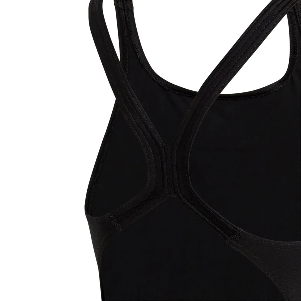 Black Adidas girls' solid small logo swimsuit, suitable for ages 9-10, featuring a classic design and comfortable fit.