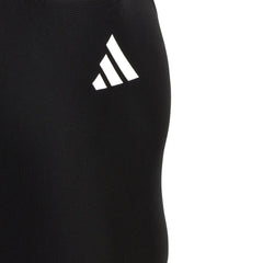 Black Adidas girls' solid logo swimsuit designed for ages 9-10, featuring a sleek fit and comfortable material.