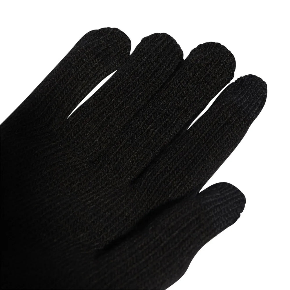 Black Adidas Essentials Tech Gloves shown with textured fingertips and stretchy fabric for a snug fit.