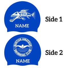 AK Burton Barracudas swimming club cap in royal blue and white with club logo and name, made by AK Club Kit.