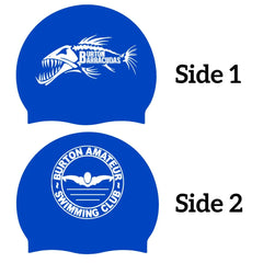 AK Burton Barracudas Club Logo swimming cap in royal blue and white, made by AK Club Kit, featuring the team logo on the front.