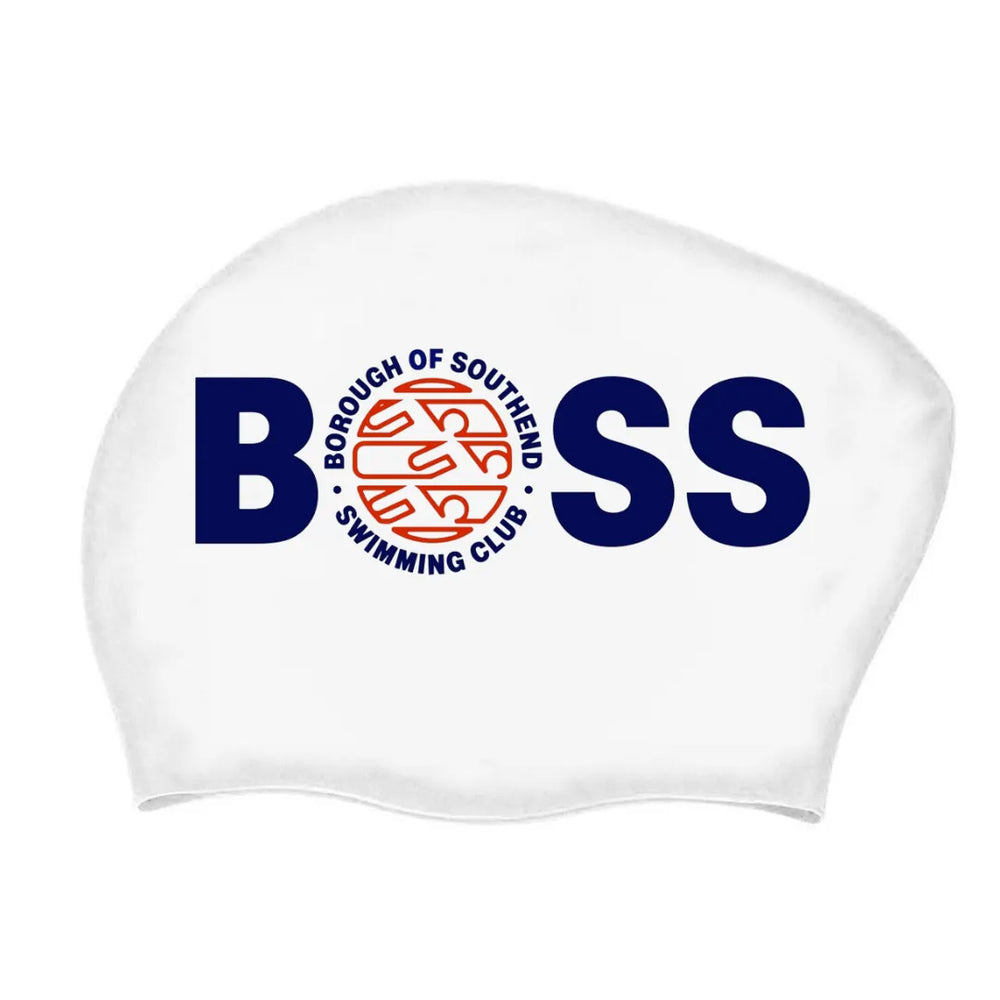 Allens Borough of Southend Long Hair Club logo swimming cap by AK Club Kit in white, blue, and red with club branding.