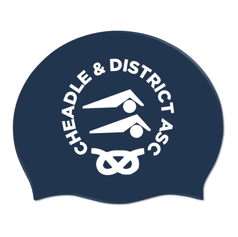 Cheadle 3-pack navy and white club logo swimming caps by AK Club Kit, made of flexible, waterproof material for swimming.