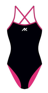 Women's AK tieback swimsuit in black and pink, featuring a stylish design with adjustable straps and a flattering fit.