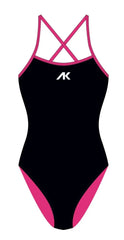 Women's AK tieback swimsuit in black and pink, featuring a stylish design with adjustable straps and a flattering fit.