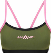 Amani women's desert blush bikini top in green and pink with adjustable straps, perfect for beach or poolside wear.