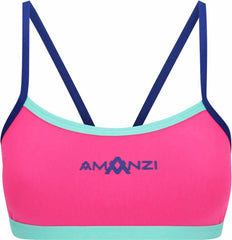 Amani women's rosette bikini top in pink and blue with floral details, designed for a stylish swimwear look