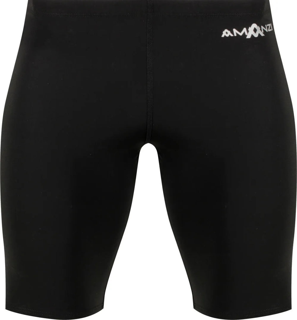 Black Amanzi Mens Acceler8 RIZE Jammers for swimming, featuring a sleek design and comfortable fit for competitive swimmers.
