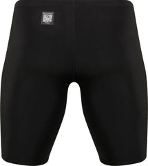 Amanzi men's Acceler8 RIZE black jammer swimwear, close-up view showing sleek design and stretchy fabric for competitive swimming.