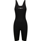 Amani Girls Acceler8 RIZE black kneesuit for swimming, featuring a sleek design and comfortable fit for young swimmers.