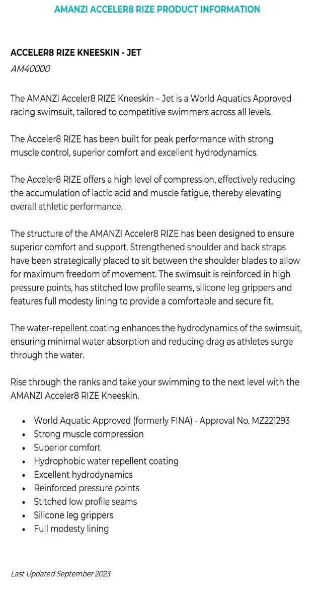 Amani Girls Acceler8 RIZE Kneesuit in Jet and Jewel colors, featuring a sleek design and vibrant patterns for active swimming.
