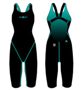 Amani Girls Acceler8 RIZE Kneesuit in jet and spearmint colors, featuring a sleek design and flexible fabric for active swimming.