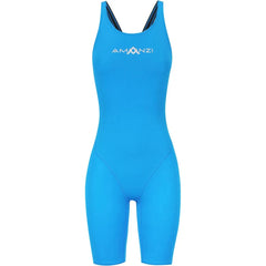 Amani Women's Azure Active Kneesuit in royal blue, form-fitting wetsuit with long sleeves and zipper for water sports and diving.