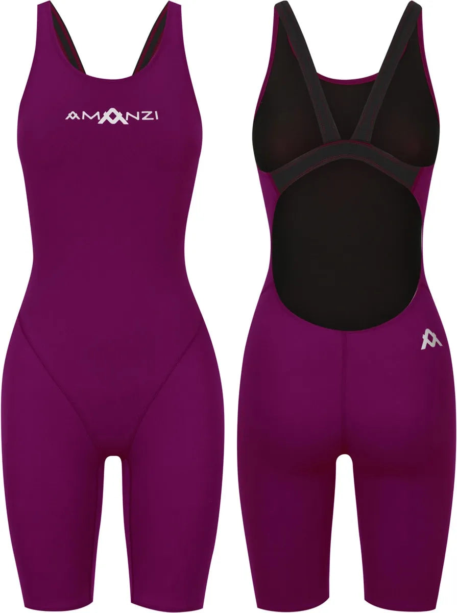 Amanzi women's Bordeaux purple active kneesuit, form-fitting athletic suit with long sleeves and knee coverage for active wear.
