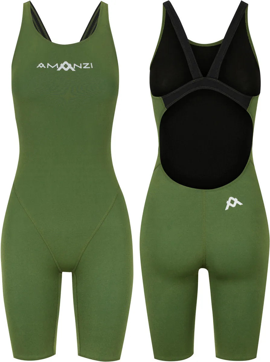 Green Amanzi Womens Memphis Active Kneesuit, a fitted wetsuit with short sleeves and knee panels, designed for water sports.
