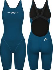 Amani Women's Neptune Active Kneesuit in navy, close-up view showing the fitted wetsuit with logo and textured fabric details.