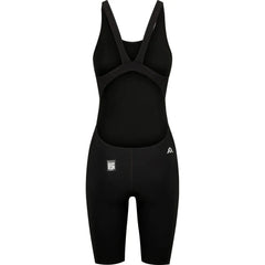Amani Womens Acceler8 RIZE black kneesuit, form-fitting wetsuit with long sleeves and high neck, designed for water sports and diving.