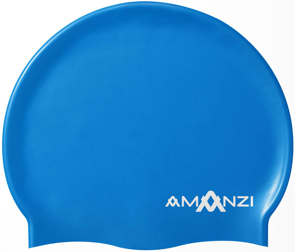 Amani Azure swim cap in blue, made of durable material, designed for comfortable water sports and swimming activities.