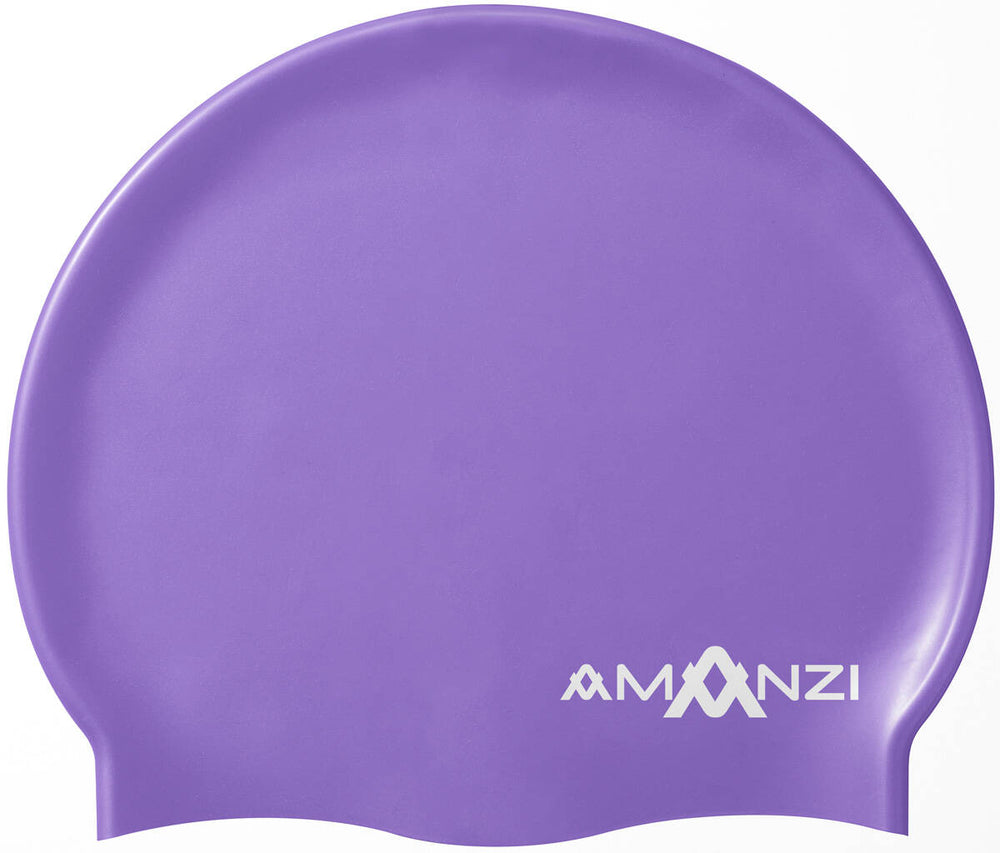 Purple Amanzi Iris swim cap for women, made of durable material, designed for comfortable and secure fit during swimming.