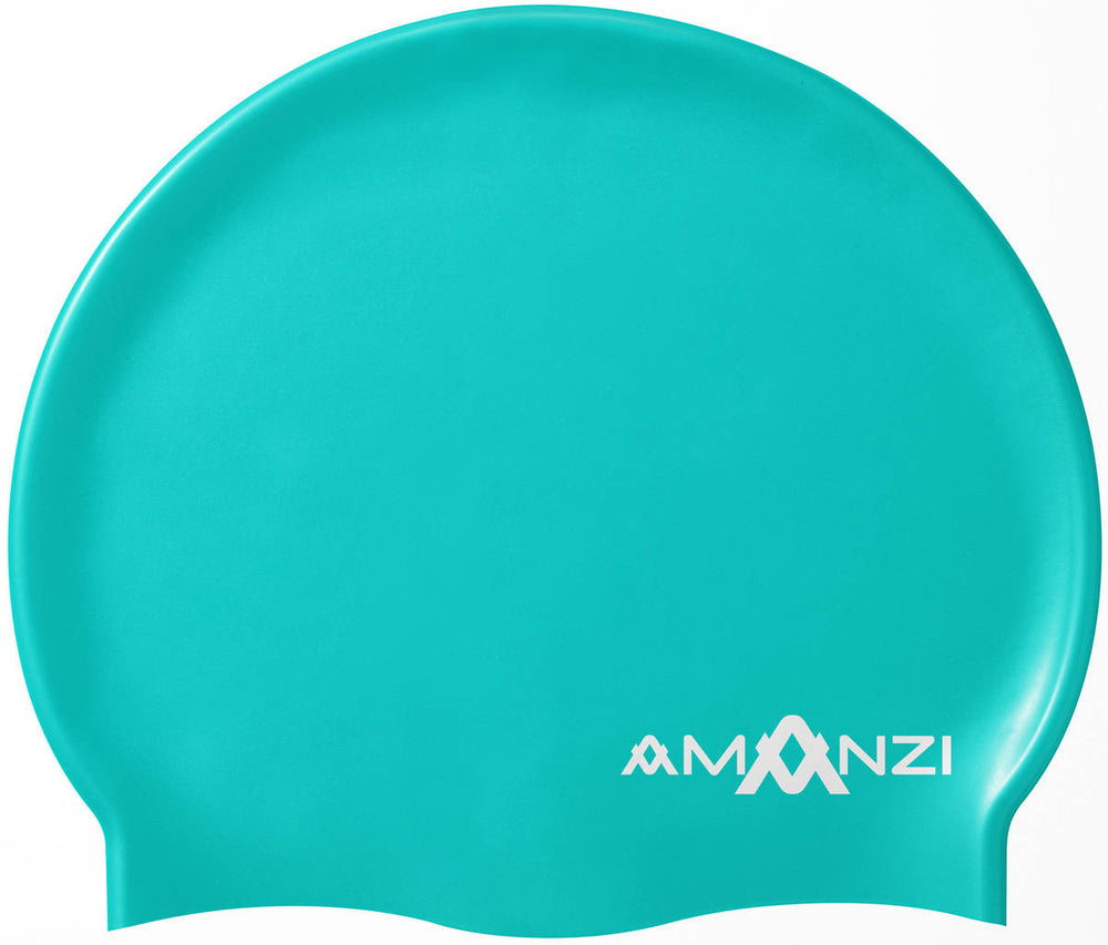 Green Amanzi Spearmint swim cap made of durable material, designed for comfortable swimming and water sports.