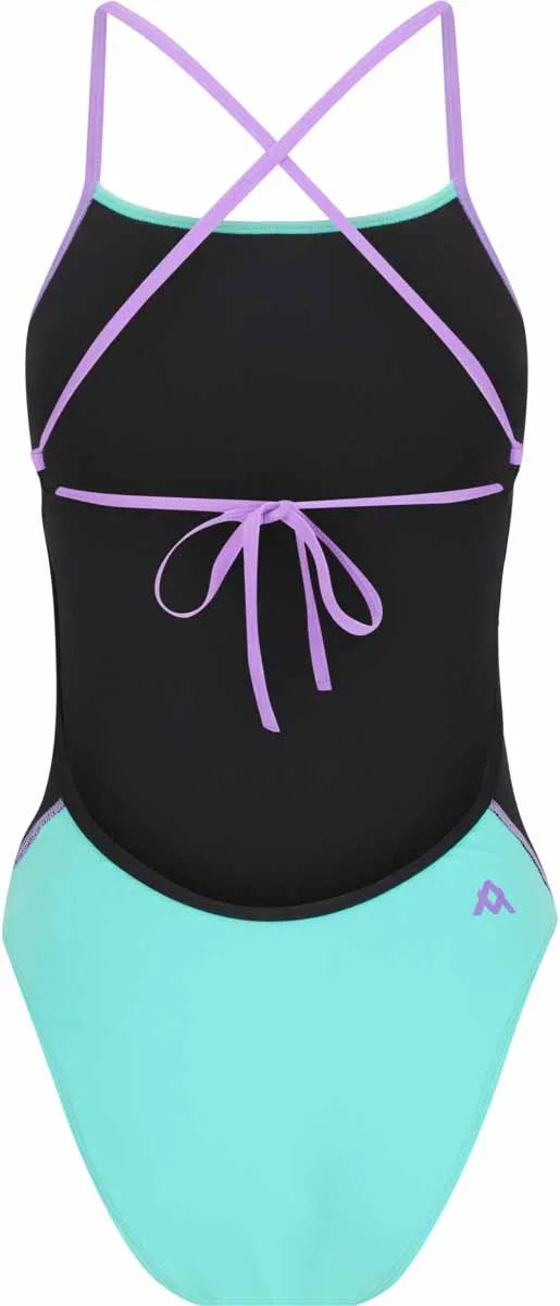 Amani Girls Mystic Mint tie-back one-piece swimsuit in black and mint, featuring a stylish design and comfortable fit.