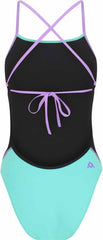 Amani Girls Mystic Mint tie-back one-piece swimsuit in black and mint, featuring a stylish design and comfortable fit.