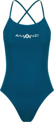 Amani Girls Neptune navy one-piece swimsuit with tie-back design, featuring a sleek swimwear style for girls.