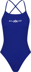 Amani girls sapphire blue one-piece swimsuit with a tie-back design, perfect for swimming and beachwear.