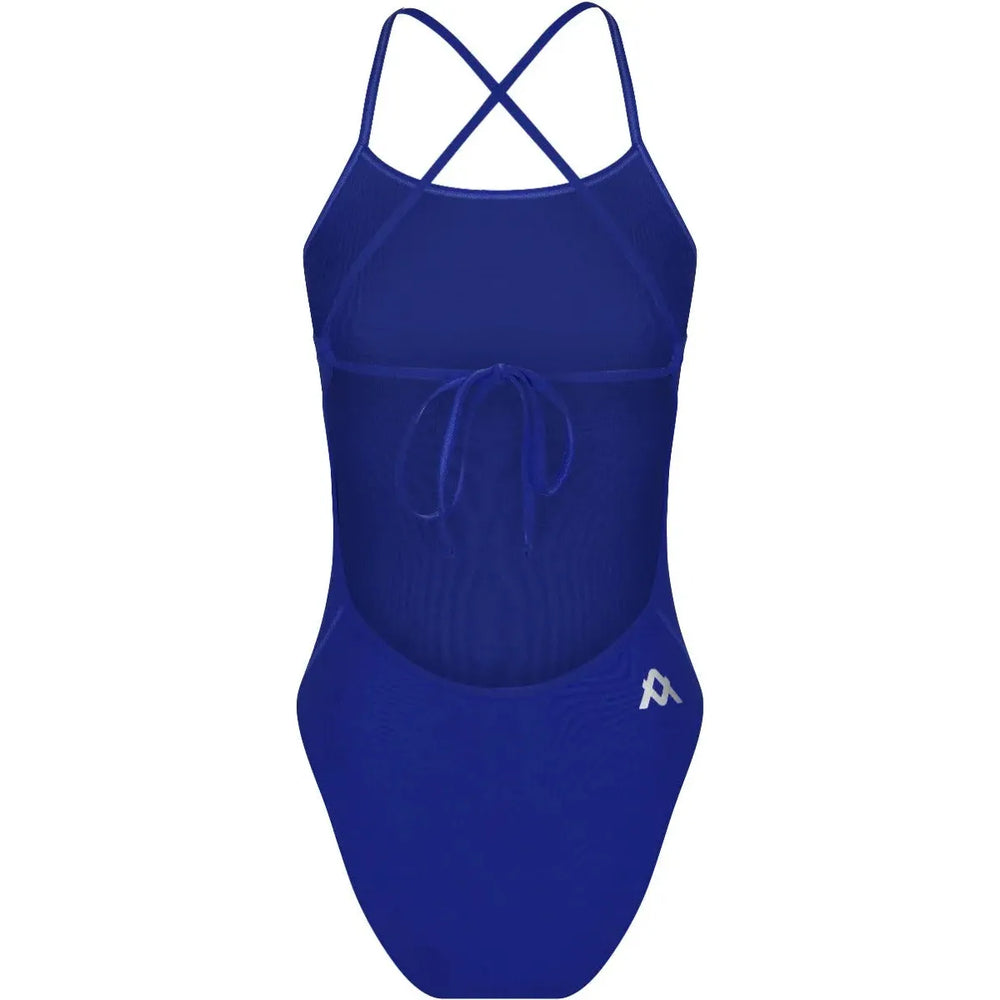 Amani girls sapphire blue one-piece swimsuit with tie-back design and ruffled straps, perfect for swimming and beach wear.