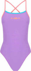Amani Girls Splendour tie-back one-piece swimsuit in purple and blue, featuring a stylish design and adjustable straps.