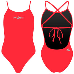 Red Amanzi women's Atomic tie-back one-piece swimsuit, featuring a sleek design and stylish back tie for a flattering fit.