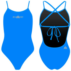 Amani women's azure tie-back one-piece swimsuit in blue with cutout details and adjustable straps, displayed on a mannequin.