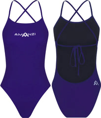 Amani women's blue blueberry tie-back one-piece swimsuit with a sleek design and adjustable back strap, perfect for swimming and beachwear.