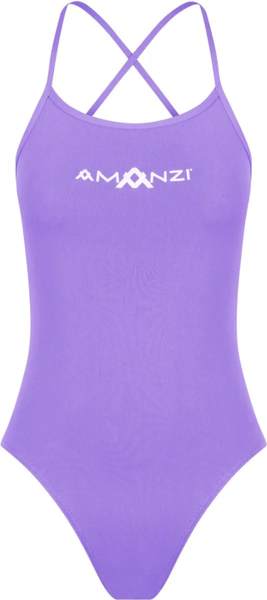 Purple Amanzi women's Iris tie-back one-piece swimsuit with sleek design and figure-flattering fit.