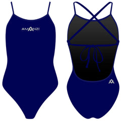 Amani women's sapphire blue one-piece swimsuit with tie-back design, featuring a sleek and stylish look for swimming and beachwear.