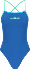 Amani women's Seaglass tie-back one-piece swimsuit in blue, featuring a stylish back design and smooth swimwear fabric.