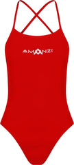 Red Amanzi girls' Blaze tie-back one-piece swimsuit with stylish design and comfortable fit, perfect for swimming and beach days.