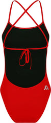 Red Amanzi Girls Blaze one-piece swimsuit with tie-back design, featuring a stylish and comfortable fit for young swimmers.
